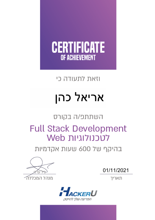תעודת סוף קורס Full Stack Development – HackerU